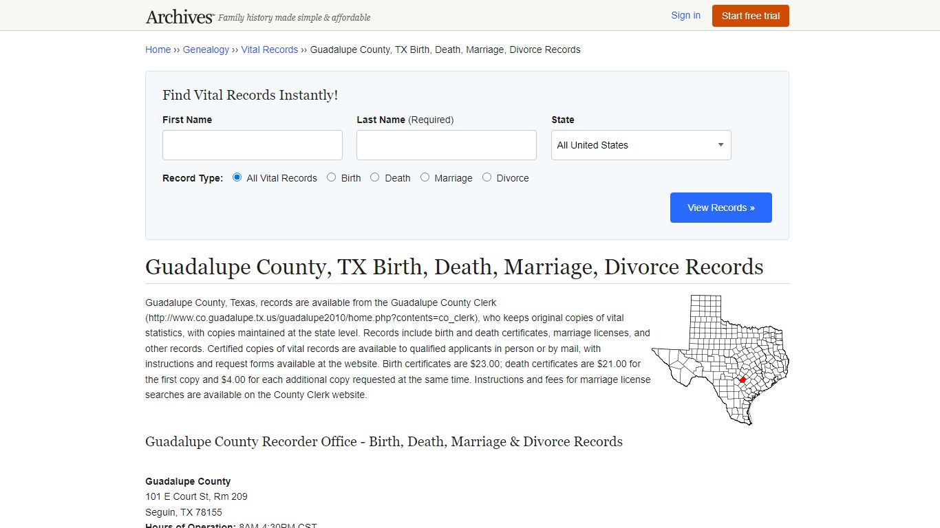 Guadalupe County, TX Birth, Death, Marriage, Divorce Records